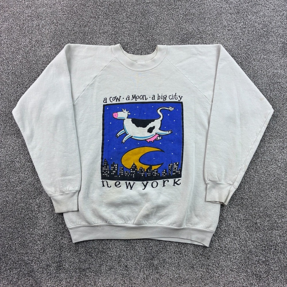 Vintage Cow Jumped Over Moon Sweatshirt Mens XL White Cotton Blend New York Cow